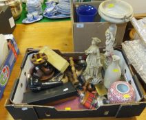 A box of assorted sundry items to include various Meerschaum pipes, hip flask,