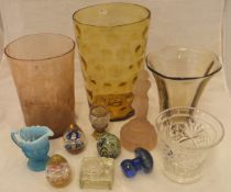 A selection of various vases to include Whitefriars and a selection of various paperweights,