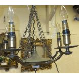 A five branch brass chandelier and a hanging oil lamp (no shade)