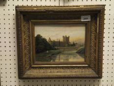 AW NOAD "Jedburgh Abbey", fisherman by river with abbey in background, oil on canvas, unsigned,