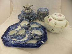 A collection of Spode Italian blue and white tea wares, blue and white meat plate,