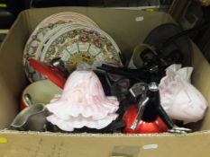 A box containing assorted sundry items to include ceiling lights, various collector's plates,