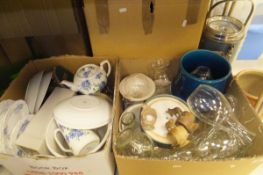 Two boxes of various glass carafes, china tea wares, jardiniers,