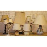 A large selection of various table lamps and shades