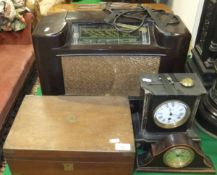 A slate cased mantel clock by J W Benson with Roman numerals, a mahogany cased mantel clock,