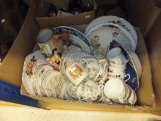 A box of miscellaneous floral decorated tea wares and a fur stole, etc,