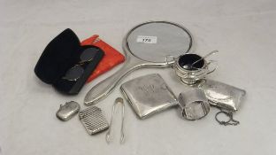 A box containing a collection of silver and other items to include a silver backed hand mirror with