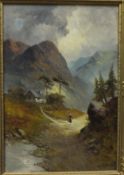 W RICHARDS "Scottish landscape scene with cottage and figure in foreground", oil on canvas, signed,