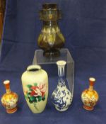 A pair of small Satsuma vases with slim necks, each bearing character marks to base,