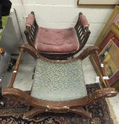 An Edwardian mahogany and inlaid X framed dressing stool with pink velvet upholstery to the seat