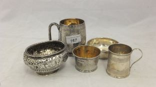 A silver quaiche (by HEB, Chester, 1913), a silver Christening mug (by HA, Sheffield,