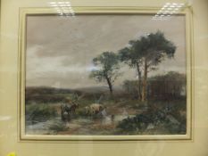 H C FOX "Cattle herder and herd watering in pond in a landscape", watercolour,