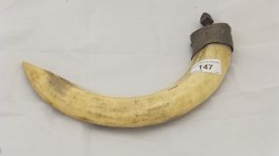 A metal mounted boar's tusk (possibly formerly as a car mascot)