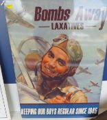 Six various modern enamelled signs, including "Bombs Away Laxatives", "Hardy Brothers",