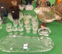 A collection of various glassware to include two fruit bowls, one with gilded decoration,