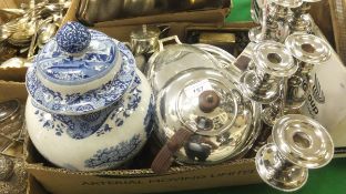 A box of miscellaneous silver plated and other items to incude a Spode "Italian" pattern ginger jar