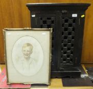 An Indian two door corner cupboard, together with JOHN NEIL HARPER "Study of boy in white shirt",