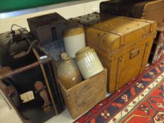 Three various trunks / cases, a pigeon hole unit,