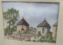 A box of assorted pictures to include DOUGLAS SPITAL, "Round House, Veryan", watercolour,