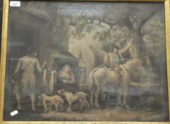 AFTER GEORGE MORLAND "Shoe mender with hunters and horse in foreground", colour engraving,