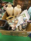 Two boxes of miscellaneous items to include a Whitefriars style bricklayer glass vase,