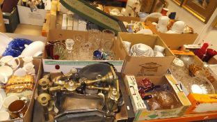 Three boxes of various chinaware, box of various metalware including brass candlesticks,