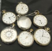 A collection of seven gentleman's silver / white metal cased pocket watches