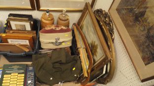 A box of various prints, two treen ware table lamps, various mirrors, No.