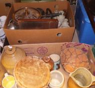 Two boxes of various old stoneware bottles, pottery and hide covered drums, metalware,