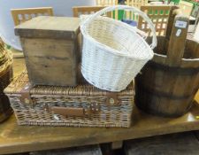 A collection of assorted baskets and wooden trunks to include a five drawer index filing chest,