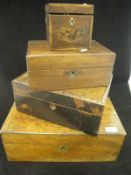 A late George III mahogany and shell marquetry inlaid single section tea caddy, mahogany sewing box,