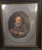 CONTINENTAL SCHOOL "A bearded man in blue robes smoking a pipe", watercolour,