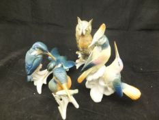 Four Karl Ens porcelain bird figure groups to include kingfisher, owl,