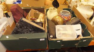 Three boxes of miscellaneous items to include various chinaware, vintage photographs,