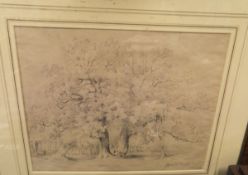 HENRY HARRIS LINES "In Packington Park", pencil study of trees with figure on a pathway, signed,