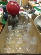 Three boxes of miscellaneous items including cut glass brandy balloons, decanters,