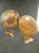 A rosewood and parquetry inlaid miniature tilt-top table on a stepped tripod base to brass squash