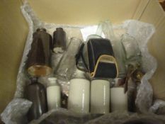 A box of miscellaneous items to include a collection of stoneware jars and glass jars,