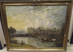 20TH CENTURY ENGLISH SCHOOL "River landscape with cattle and figures in foreground,