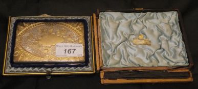 A Hilliard & Thomason silver card case with etched and engraved decoration with gilt highlights