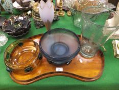 A collection of glass and other wares to include an Edwardian mahogany kidney-shaped drinks tray,