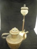 A box of various brassware to include iron chamberstick, pair of candlesticks, Turkish coffee pot,