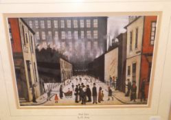 AFTER L S LOWRY "Street scene", colour print, ANN KELLY-MCPHERSON "Duntisbourne Rouse Church",