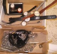 A box containing five various wristwatches, two enamelled fob watches,