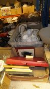 Three boxes of various china wares, box of pictures, place mats, etc,