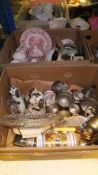 Two boxes of various glass and chinaware to include Staffordshire spaniels, Japanese clock,