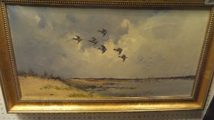 GEORGE STEVENS (20TH CENTURY) "Over the estuary with birds in flight", oil on canvas,