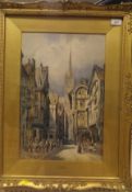 C J KEATS "Rouen", street scene with figures, the cathedral in background,