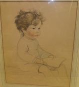 EM DAWSON "Young child reading", pencil watercolour, signed bottom left,