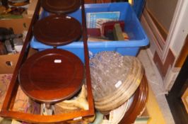 A box of various books and a box of various china, flower holder, three tier folding cake stand,